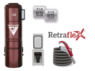 Central vacuum H725 hybrid with 1 Retraflex retractable hose inlet including attachments and the installation kit - 25 years warranty
