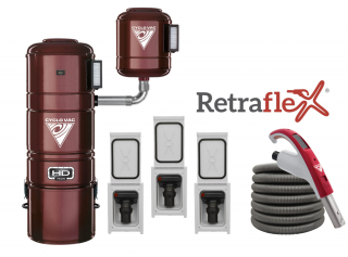 Combo Retraflex - Central vacuum HD7525 with 3 Retraflex retractable hose inlet including attachments and the installation kit - Softtouch hose 50'
