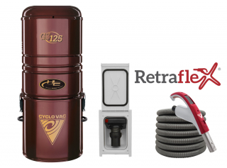 Central vacuum 125 with bag including attachment kit 24V with 1 Retraflex retractable hose inlet including attachments and the installation kit
