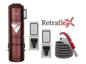 Combo Retraflex - Aspirateur central 725 - Hybride avec 2 prises pour boyau rétractable Retraflex comprenant les accessoires et l’ensemble d’installation