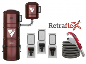 Combo Retraflex - Aspirateur central 7525 - Hybride avec 3 prises de flexible rétractable Retraflex comprenant les accessoires et l’ensemble d’installation