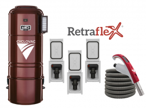 Central vacuum HD925 hybrid with 3 Retraflex retractable hose inlets including attachments and the installation kit