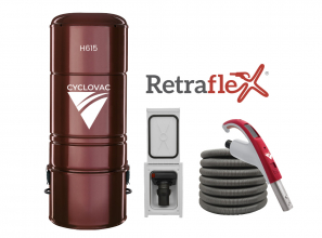 Combo Retraflex - Central vacuum 615 hybrid with 1 Retraflex retractable hose inlet - Attachments and the installation kit