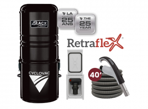 Black Friday - Combo Retraflex - Central Vacuum 125 Black Edition with bag with 1 Retraflex retractable hose inlet including attachments and the installation kit - Speedyflex hose 40' (12.19 m)